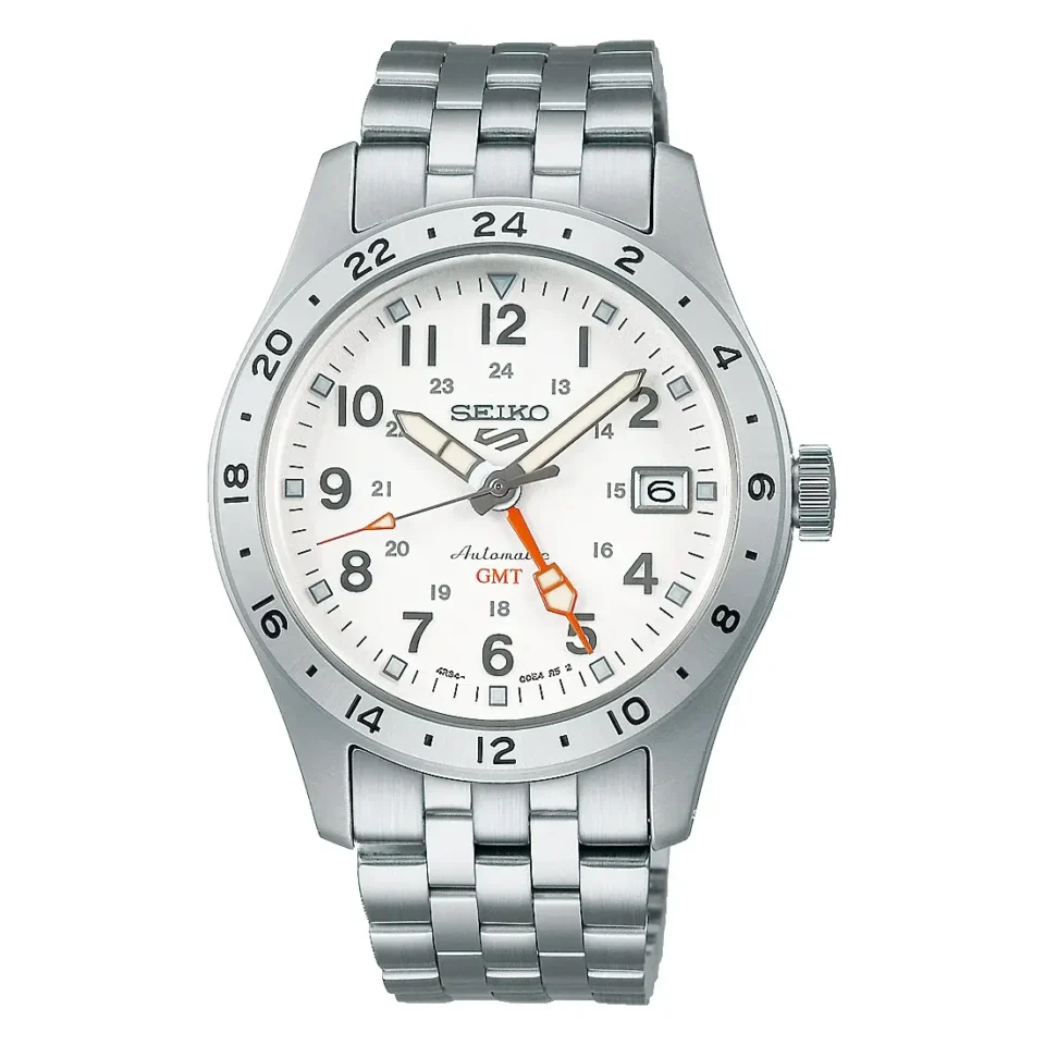 Orologio-Seiko-5-Sport-GMT-Explorer-Automatico-Quadrante-Bianco-Bracciale-Acciaio-SSK059K1