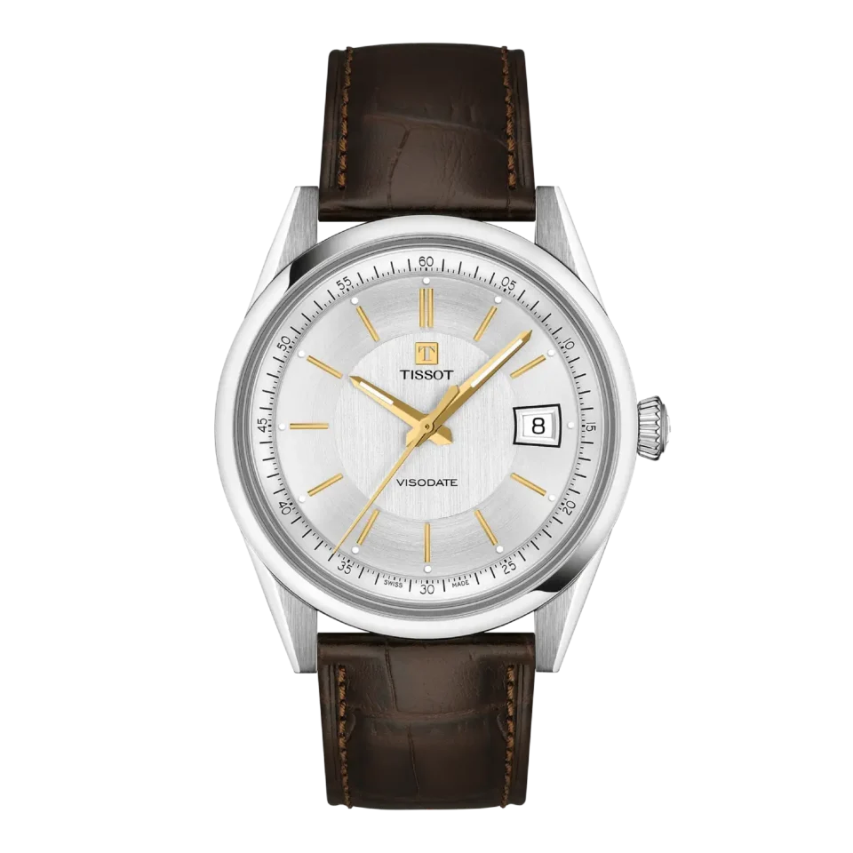 Orologio uomo Tissot Visodate bracciale in pelle marrone e quadrante Argento t157.407.16.031.00
