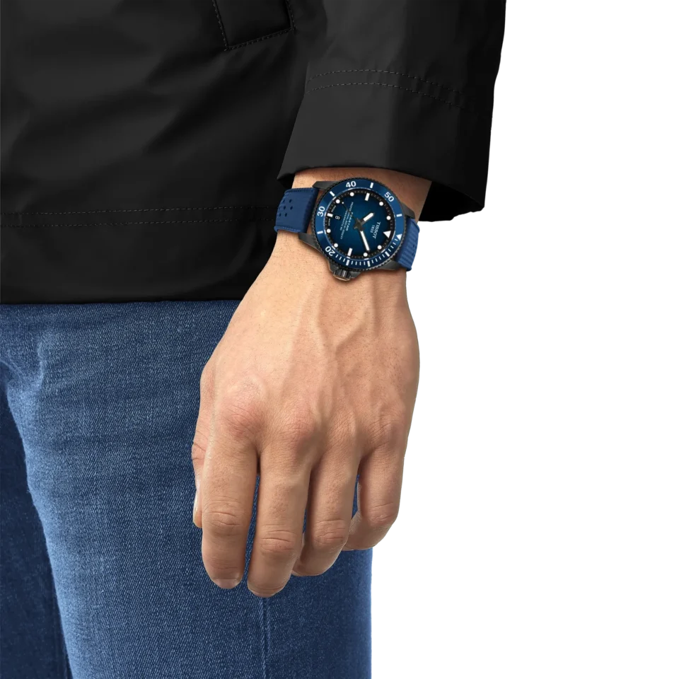 orologio uomo automatico tissot seastar 2000 professionale con PVD nero, quadrante blu e cinturino gomma T120.907.37.041.00