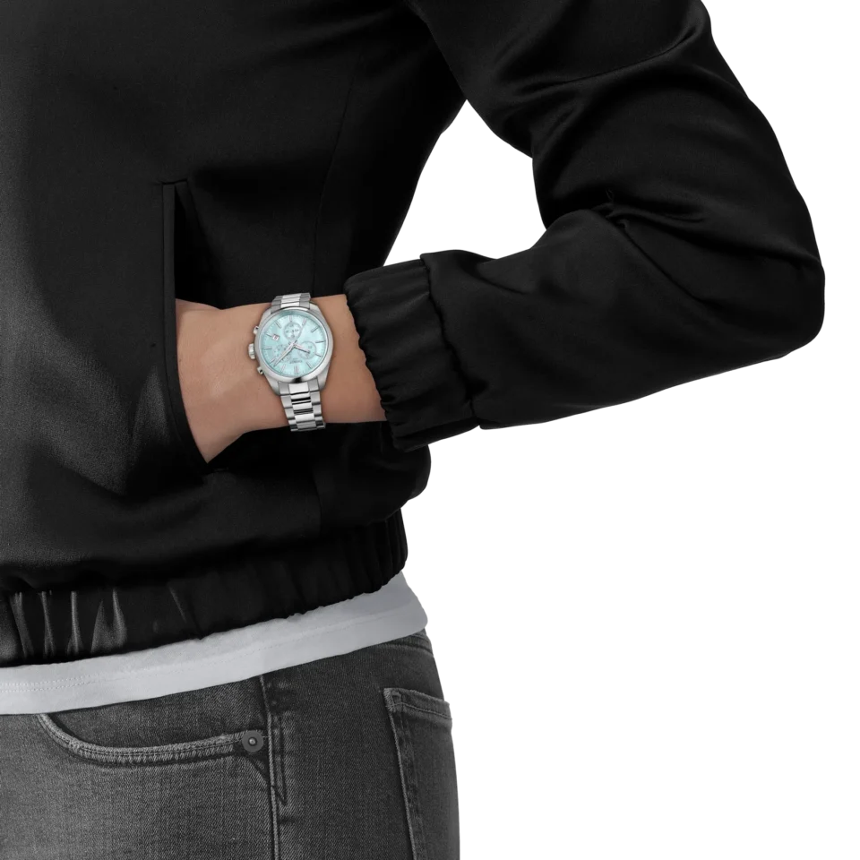 indosso orologio tissot pr100 crono 36 mm madreperla azzurra t150.217.11.131.00