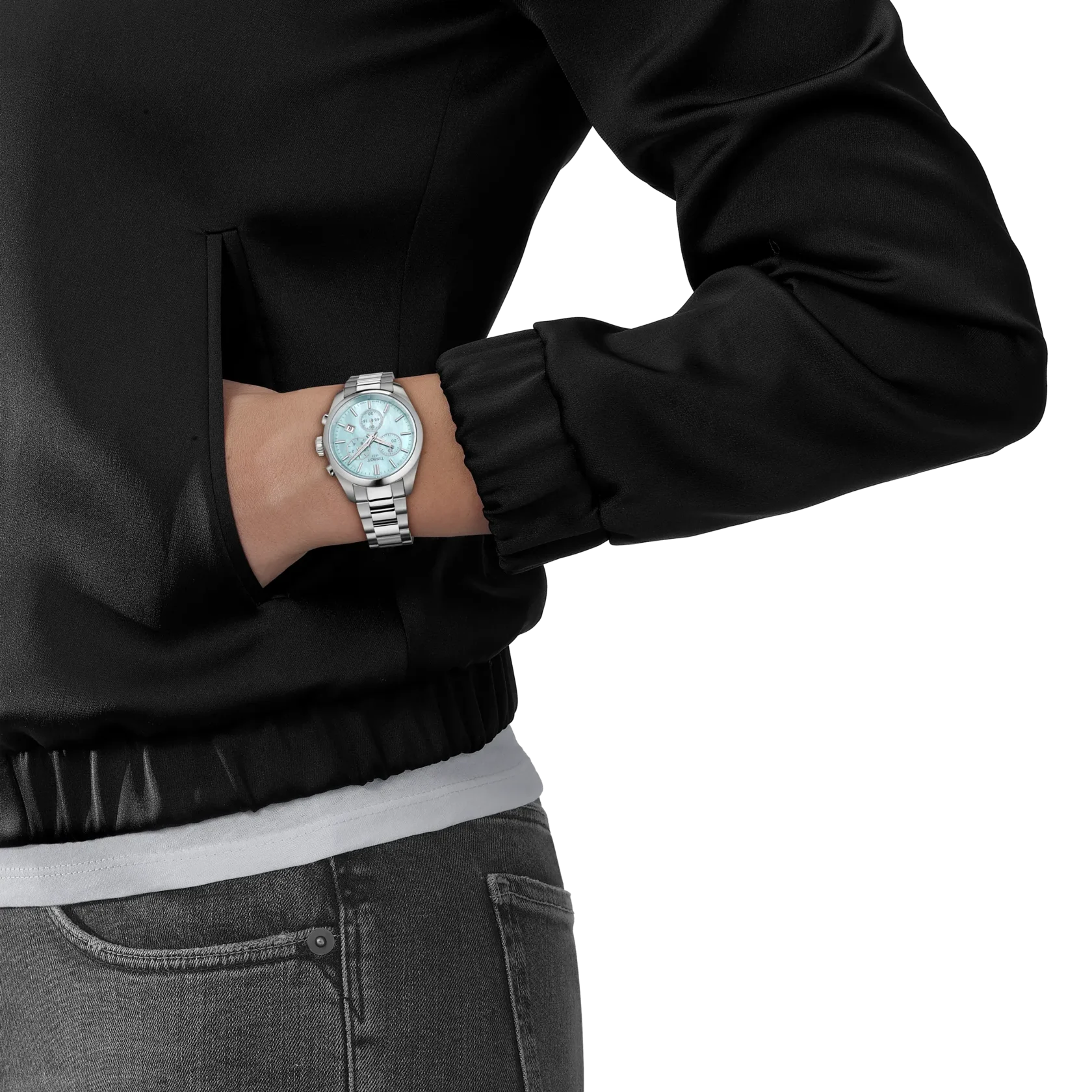 indosso orologio tissot pr100 crono 36 mm madreperla azzurra t150.217.11.131.00