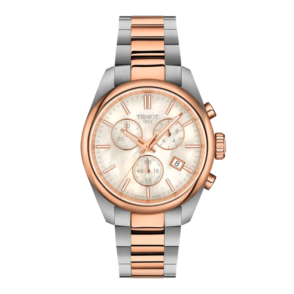 orologio tissot pr100 crono 36 mm acciaio bicolore oro rosa e madreperla bianca t150.217.22.111.00