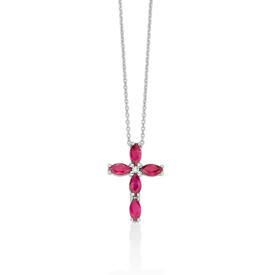 collana donna miluna con ciondolo croce in oro bianco 375 9kt, rubini e diamante cld4748x