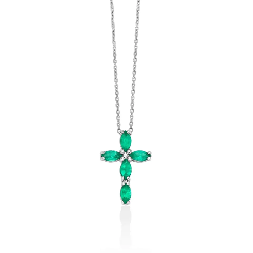 collana donna miluna con ciondolo croce in oro bianco 375 9kt, smeraldi e diamante cld4747x