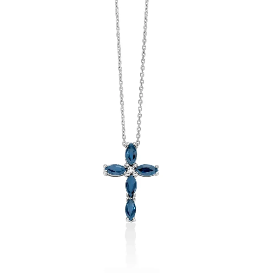 collana donna miluna con ciondolo croce in oro bianco 375 9kt, zaffiri blu e diamante cld4745x