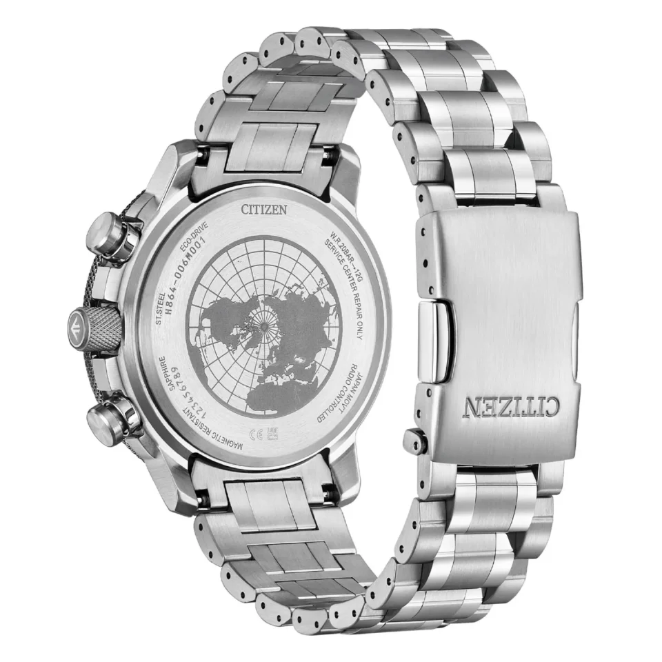 vista fondello orologio uomo citizen promaster geo trekker radiocontrollato acciaio by3006